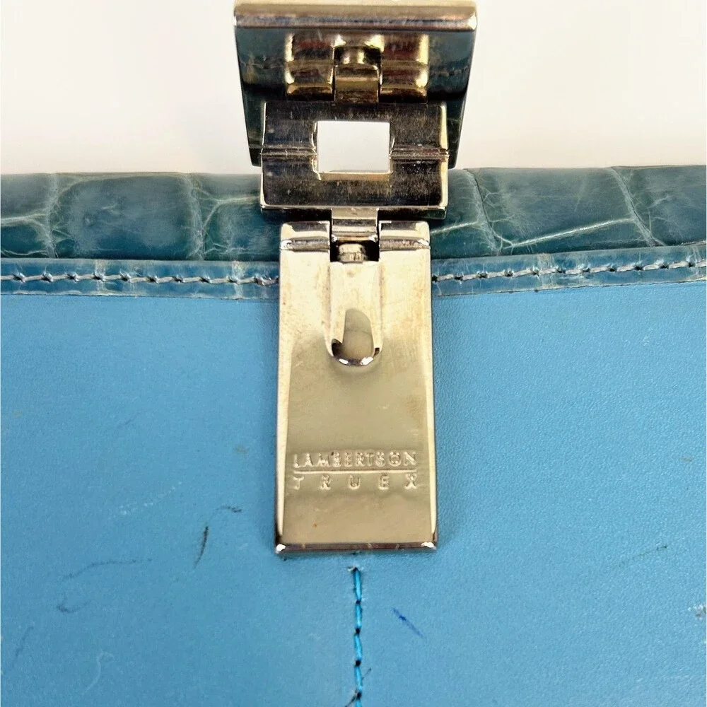 Lambertson Truex Crocodile Leather Exotic Turquoise Blue Foldover Wallet Design